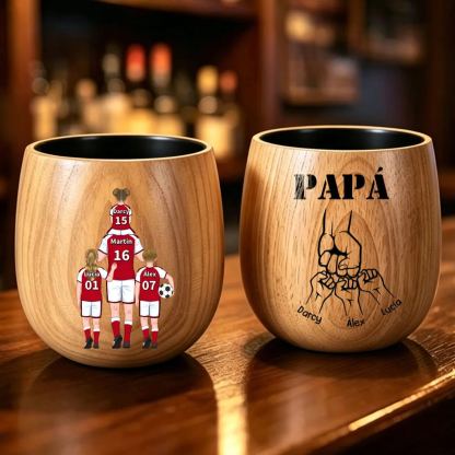 Vaso bajo de whisky de madera personalizado para papá, personalizado con los nombres de 1 a 5 hijos, familia futbolera