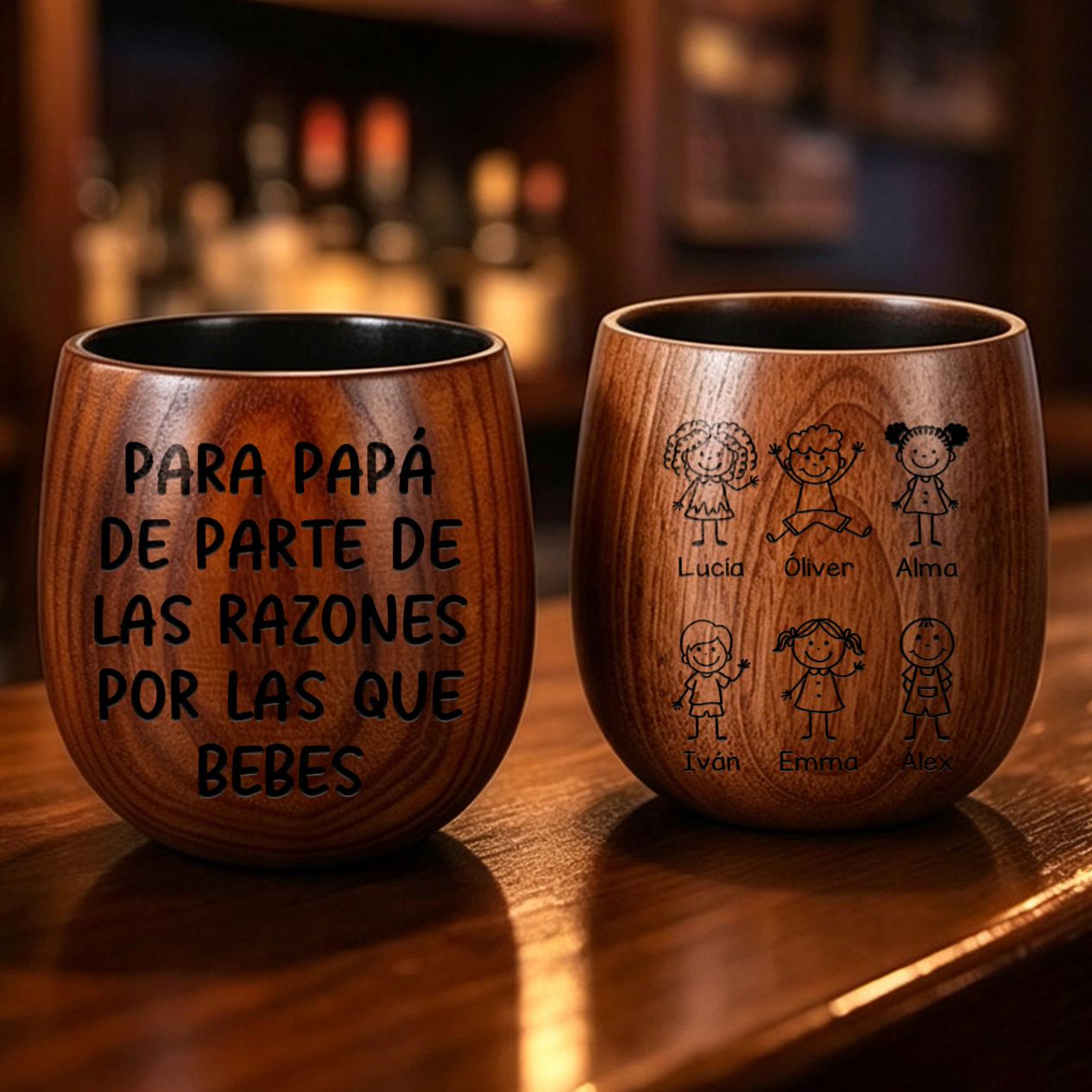 Vaso de whisky de madera personalizado grabado, personalizado con los nombres de 1 a 8 niños