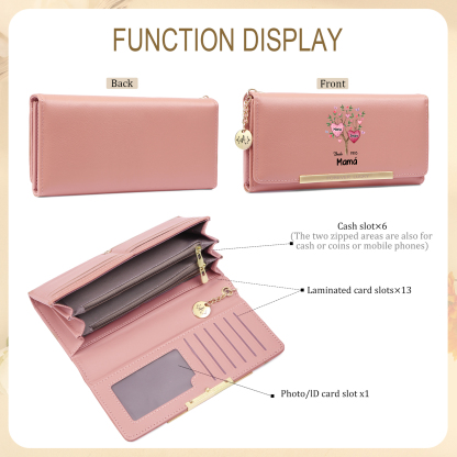 Cartera personalizada para mujer con diseño de árbol genealógico en forma de corazón con 2–8 nombres