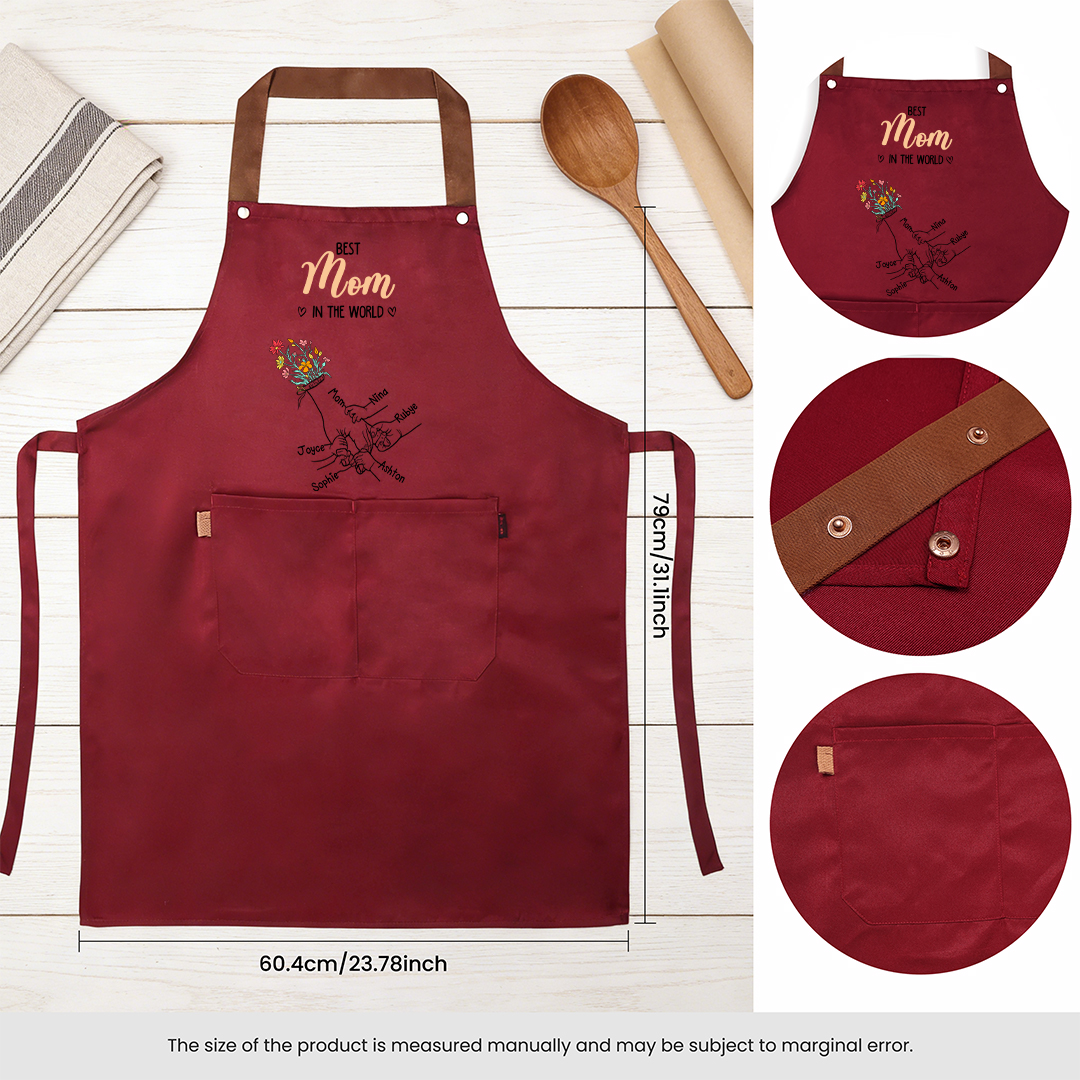 Delantal de cocina floral personalizado con manos entrelazadas, personalizado con 2–7 nombres, regalo para mamá o abuela