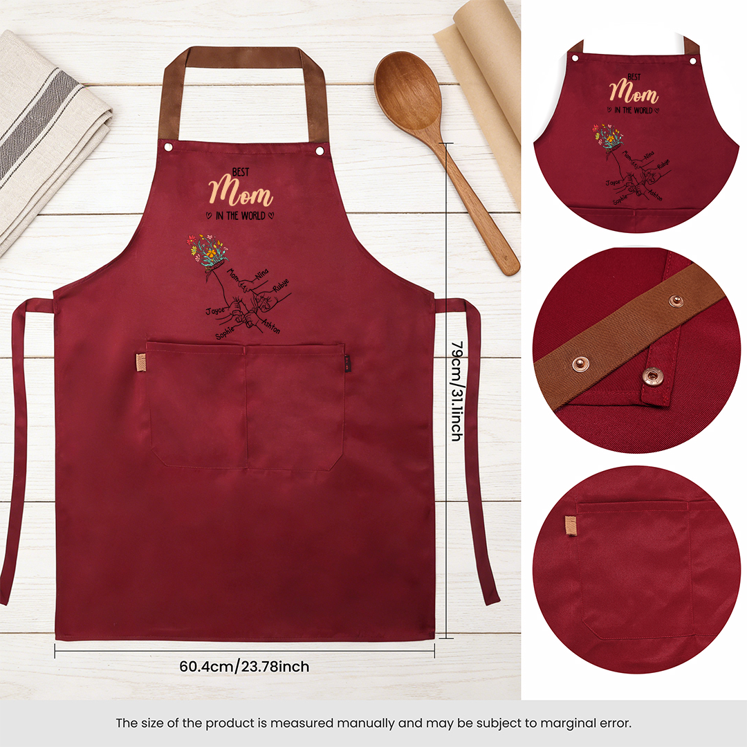 Delantal de cocina floral personalizado con manos entrelazadas, personalizado con 2–7 nombres, regalo para mamá o abuela