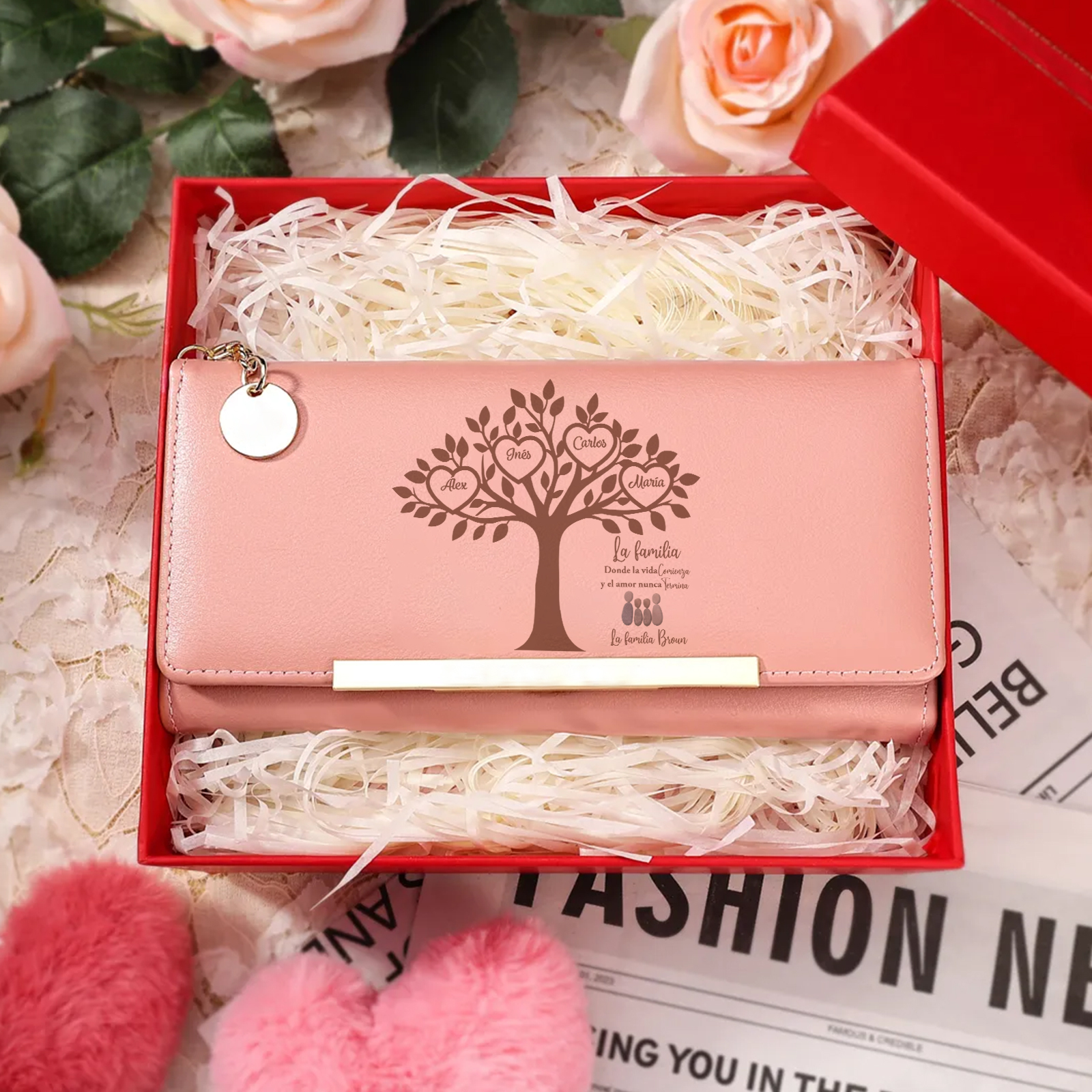 Cartera de piel rosa para mamá con árbol genealógico familiar de guijarros personalizable con 2 a 6 nombres