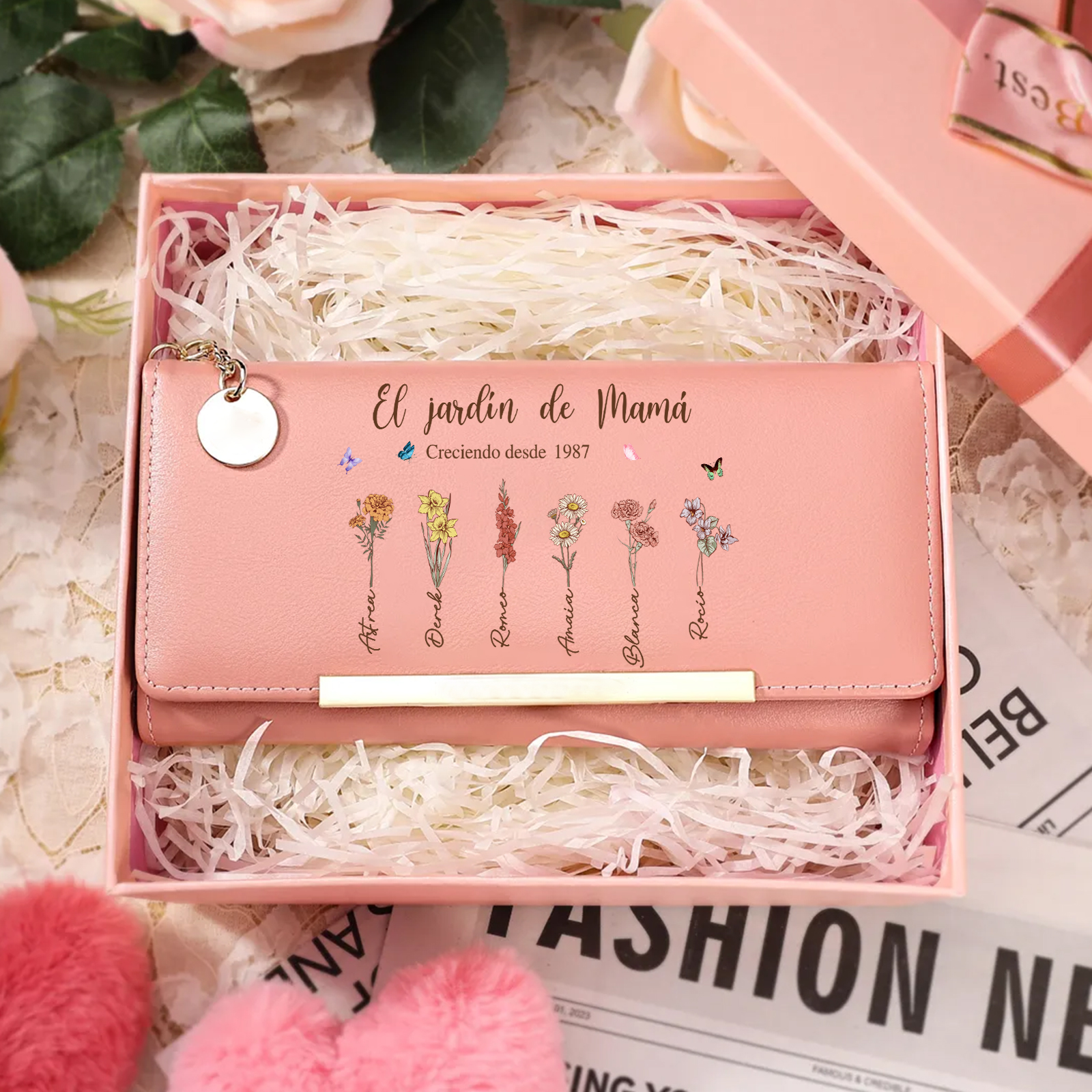 Cartera de cuero personalizada para mujer «El Jardín de Mamá», diseñada con 1 a 8 flores de nacimiento y nombres