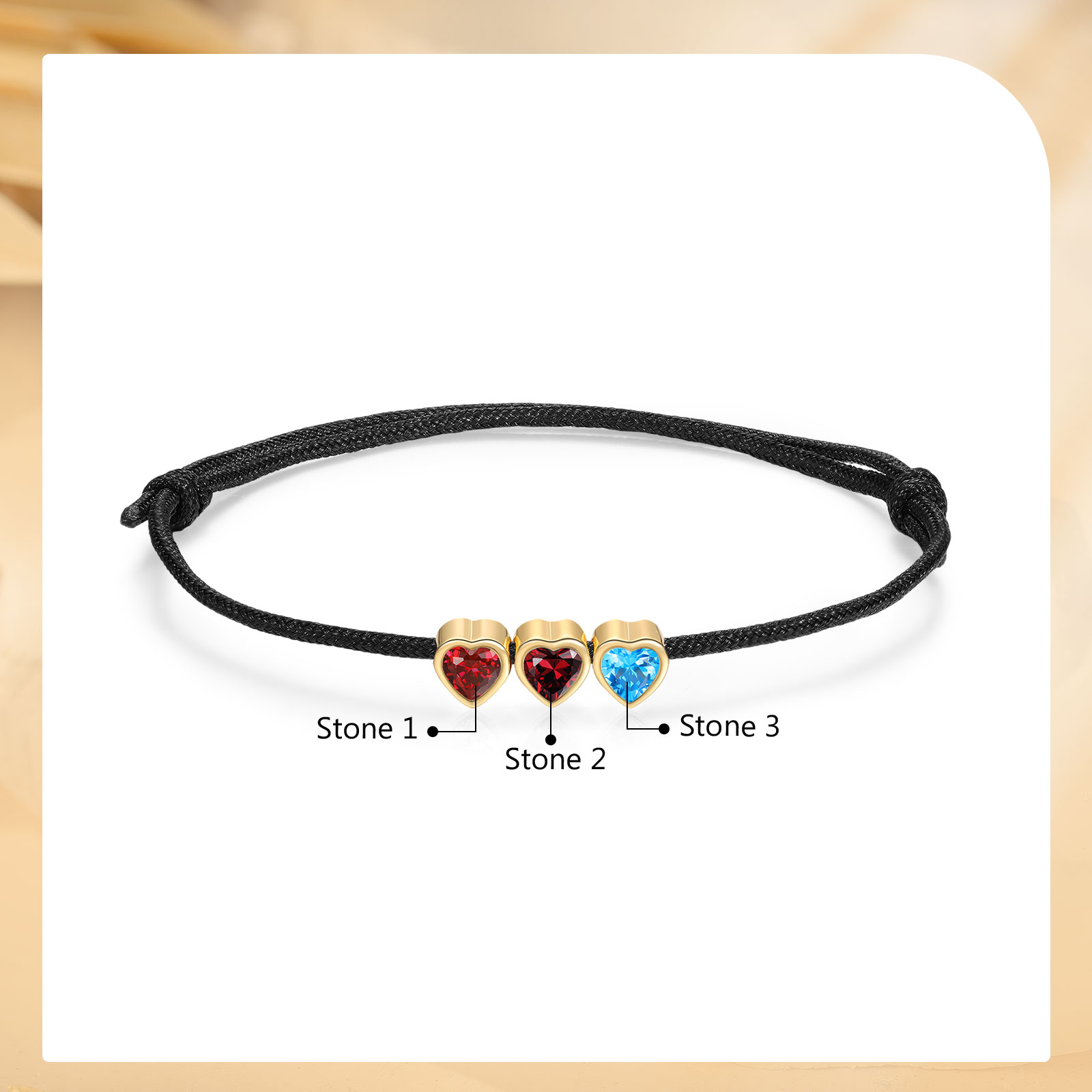 Pulsera personalizada con 2 a 5 piedras de nacimiento en forma de corazón, con cuerda ajustable