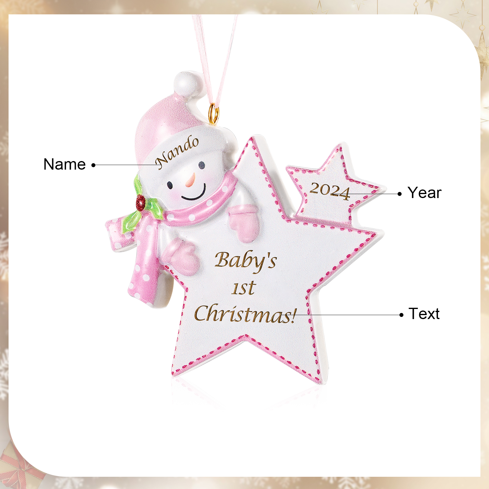 Adorno de estrella con muñeco de nieve personalizado para la primera Navidad del bebé