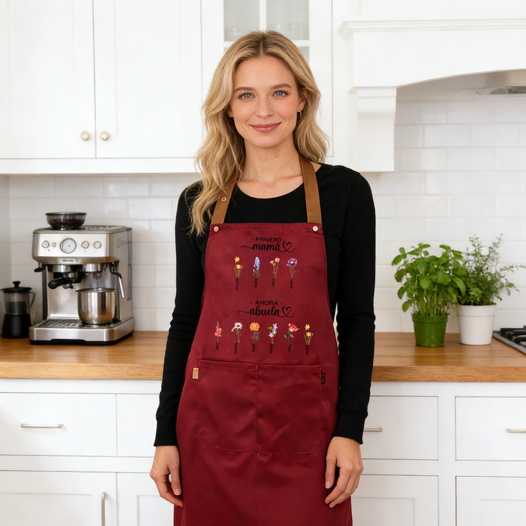 Delantal personalizado «Primero mamá, ahora abuela», personalizado con 2-16 nombres y flores de nacimiento