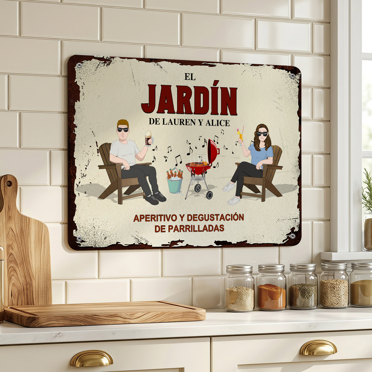 Letrero metálico vintage personalizado para patio de barbacoa para parejas