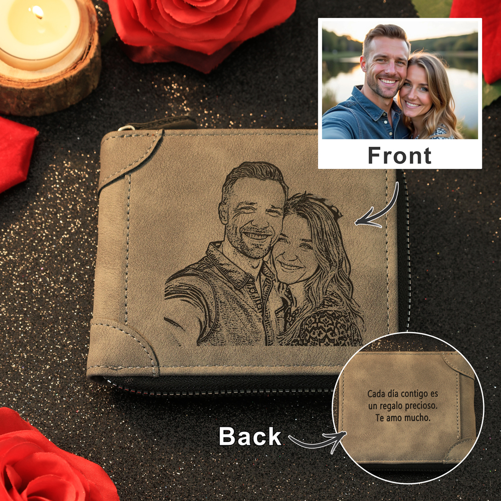 Cartera, billetera con cierre con 1 foto y 3 textos personalizados, monedero clásico para hombre | Jessemade