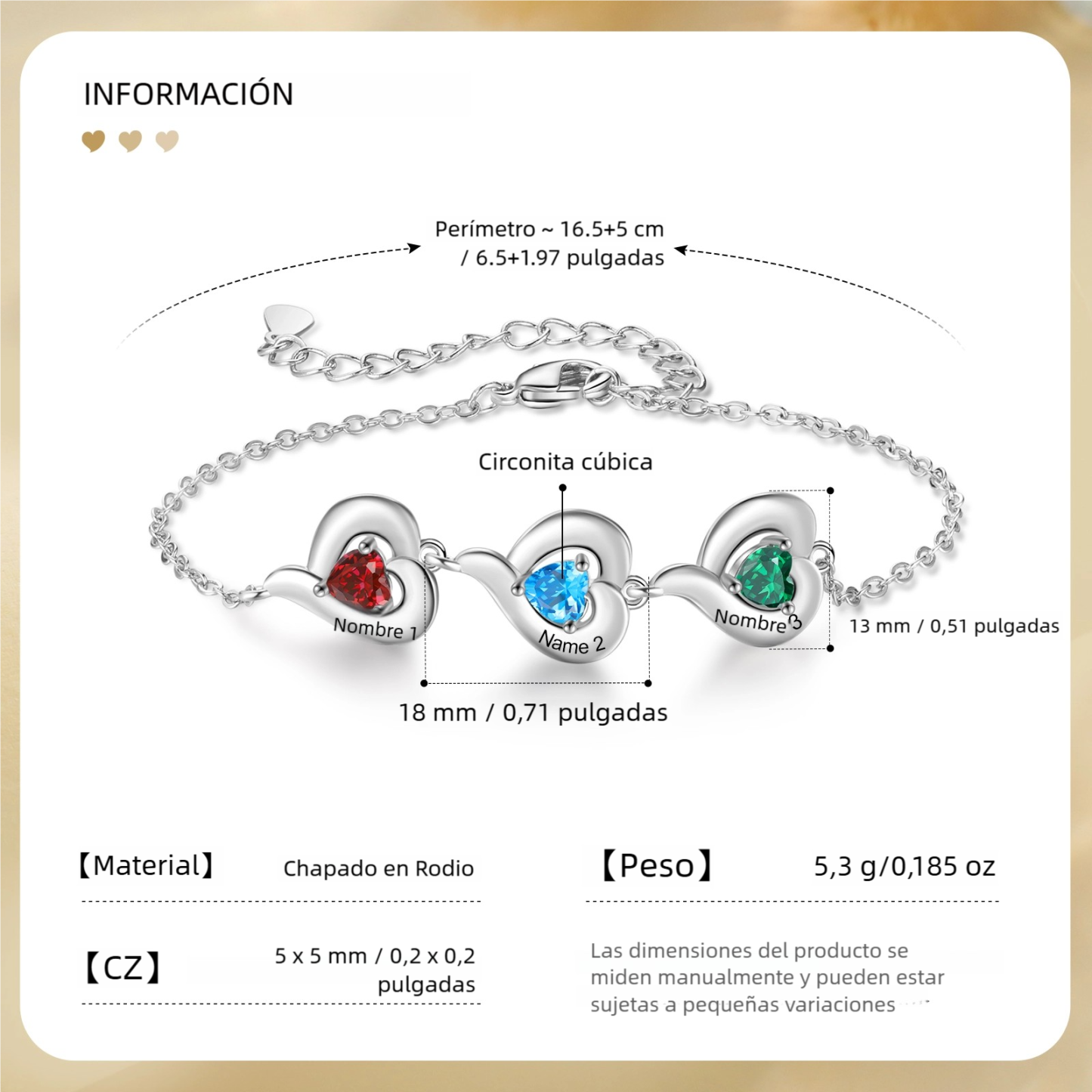 Pulsera con piedra de nacimiento en forma de corazón - Personalizable con 1-5 nombres