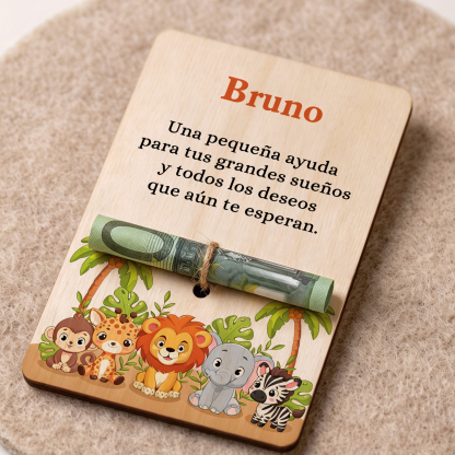 Tarjeta de madera personalizado con nombre – Regalo de cumpleaños infantil con diseño de animales