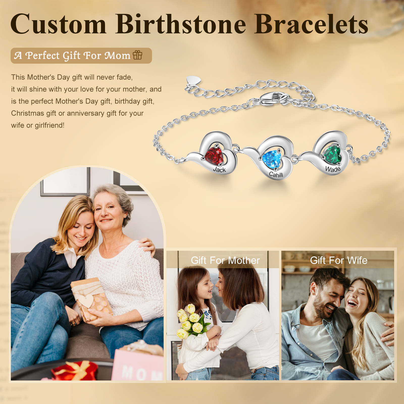 Pulsera con piedra de nacimiento en forma de corazón - Personalizable con 1-5 nombres