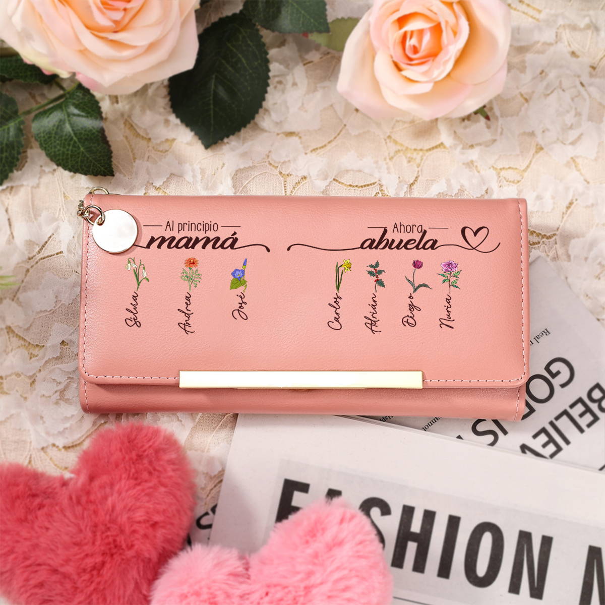 Cartera larga rosa personalizable para mujer – «Primero mamá, ahora abuela» con nombres y flores