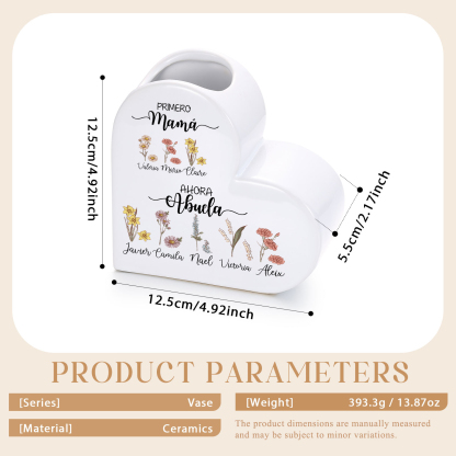 Jarrón corazón de cerámica personalizado con 2 a 10 nombres y flores de nacimiento, regalo para el Día de la Madre para la abuela y la mamá