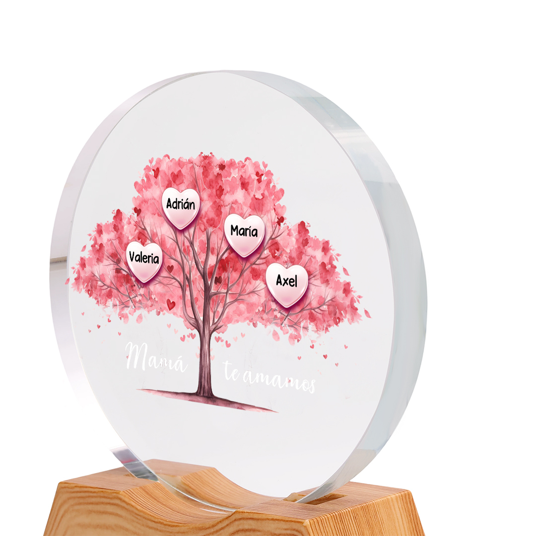 Luz nocturna de cristal LED con árbol genealógico personalizado con 1–7 nombres para mamá