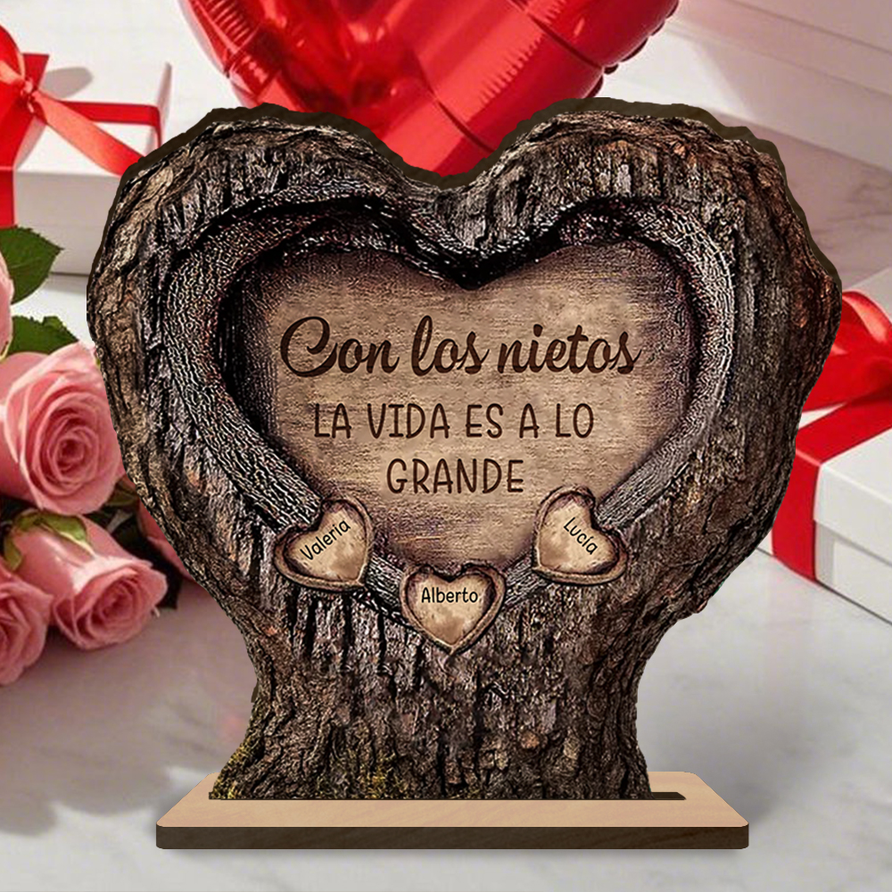 Placa de Madera Personalizada corazón-tronco con los nombres de los nietos, regalo para el Abuelo y la Abuela