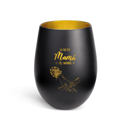Portavelas de cristal personalizado con mano sujetándolo, personalizable con 2–7 nombres, la mejor mamá del mundo