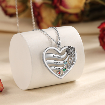 Collar personalizable con corazón de rosas y piedra de nacimiento con 2 a 5 nombres
