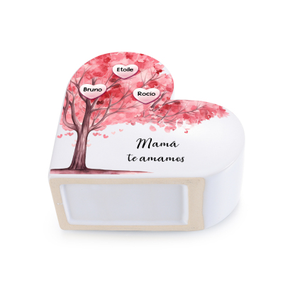 Jarrón de cerámica con forma de corazón personalizado con diseño de árbol genealógico, personalizable con 1 a 12 nombres de pila
