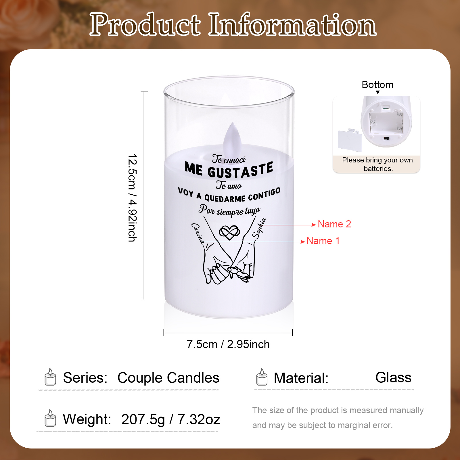 Vela LED personalizada con nombres en vidrio – regalo romántico para parejas