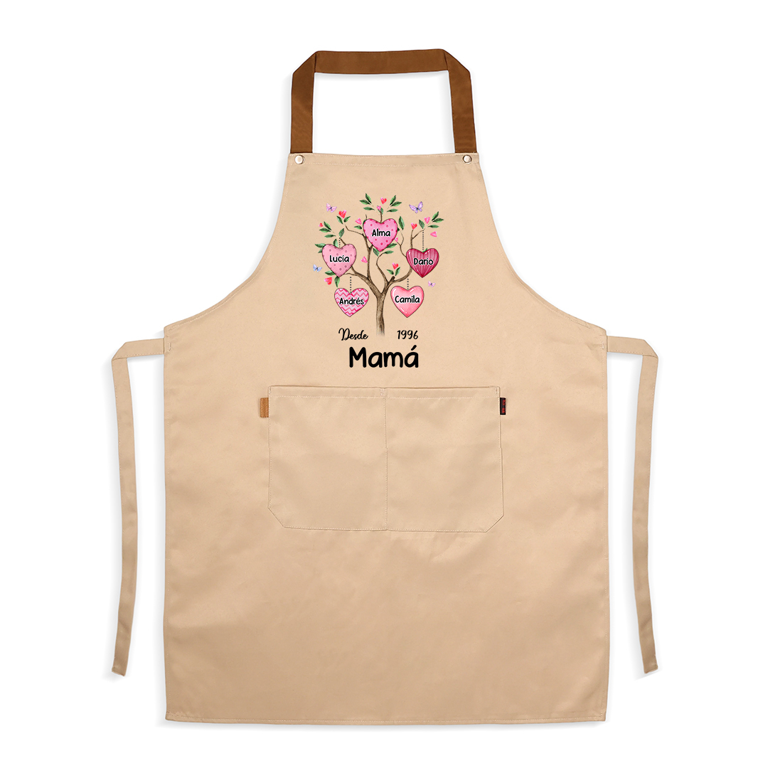 Delantal personalizado con corazón y árbol genealógico familiar diseñado con 2–8 nombres de niños