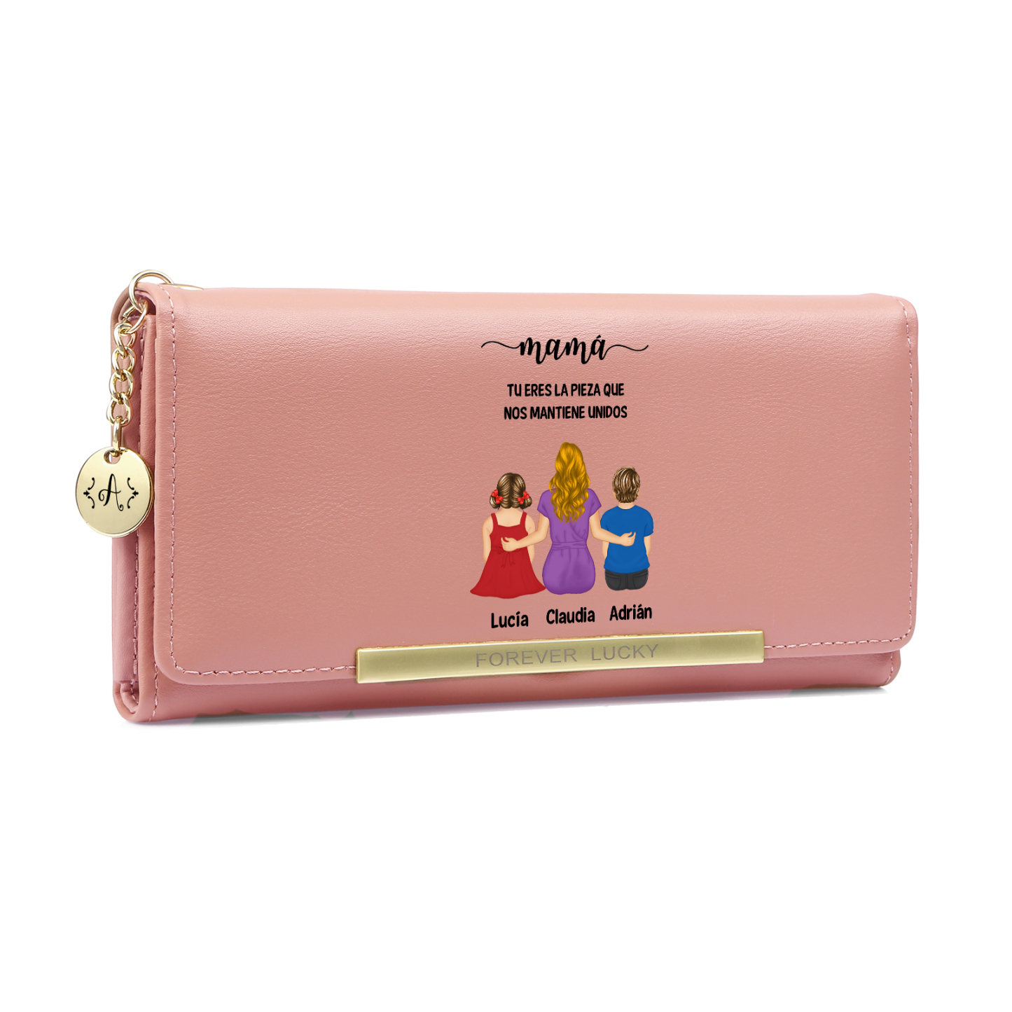 Cartera de cuero personalizada para mamá con 1–6 figuras de niños y nombres
