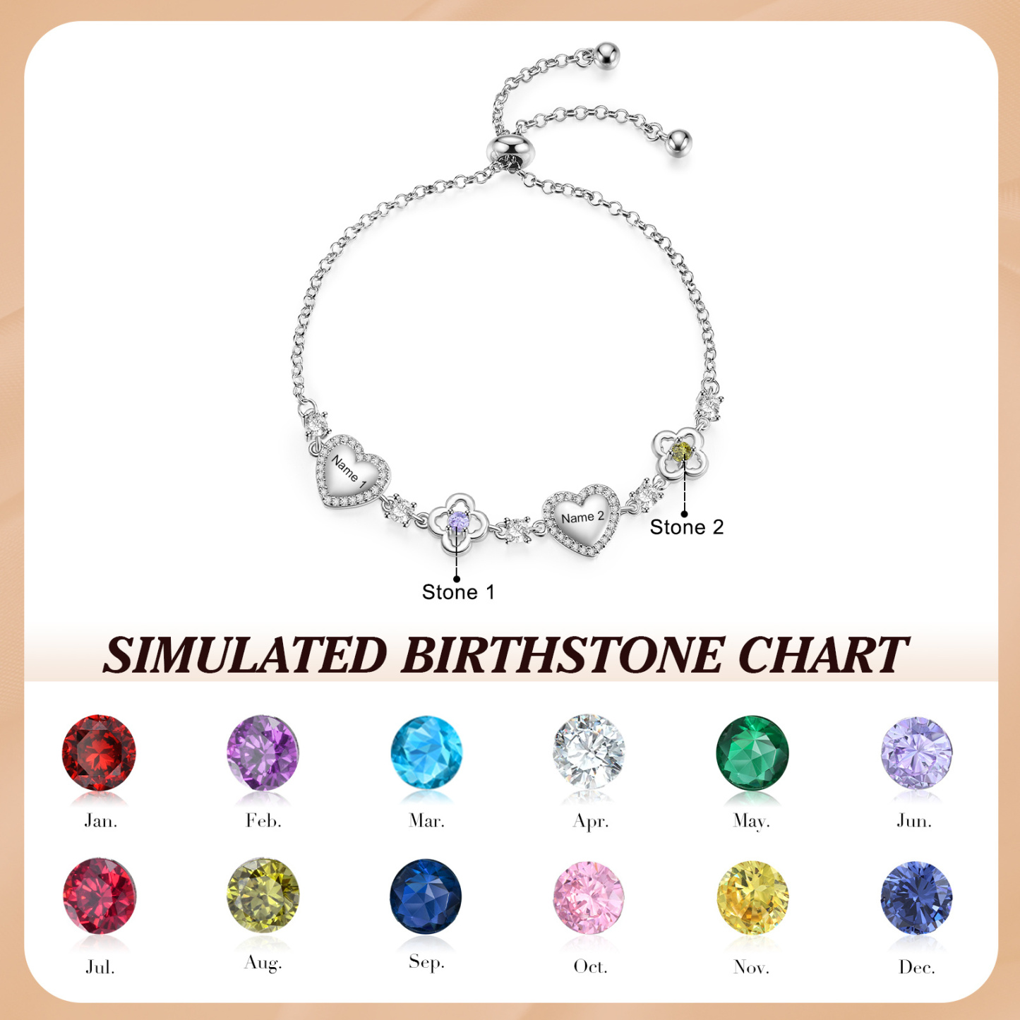 Pulsera personalizada de piedras de nacimiento con corazón y flores, personalizada con 2–5 nombres y piedras