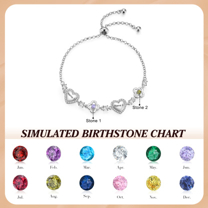 Pulsera personalizada de piedras de nacimiento con corazón y flores, personalizada con 2–5 nombres y piedras