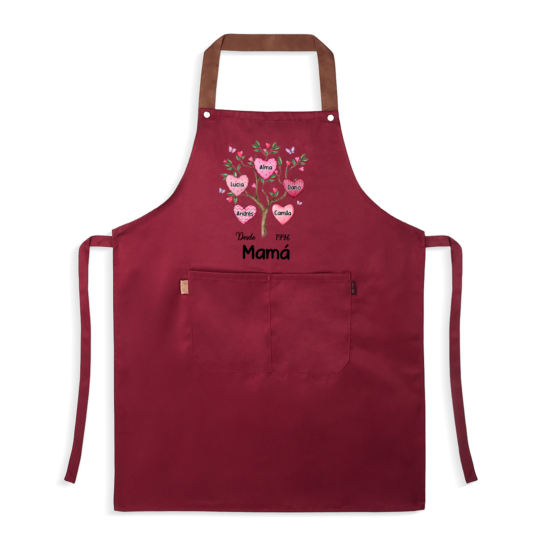 Delantal personalizado con corazón y árbol genealógico familiar diseñado con 2–8 nombres de niños