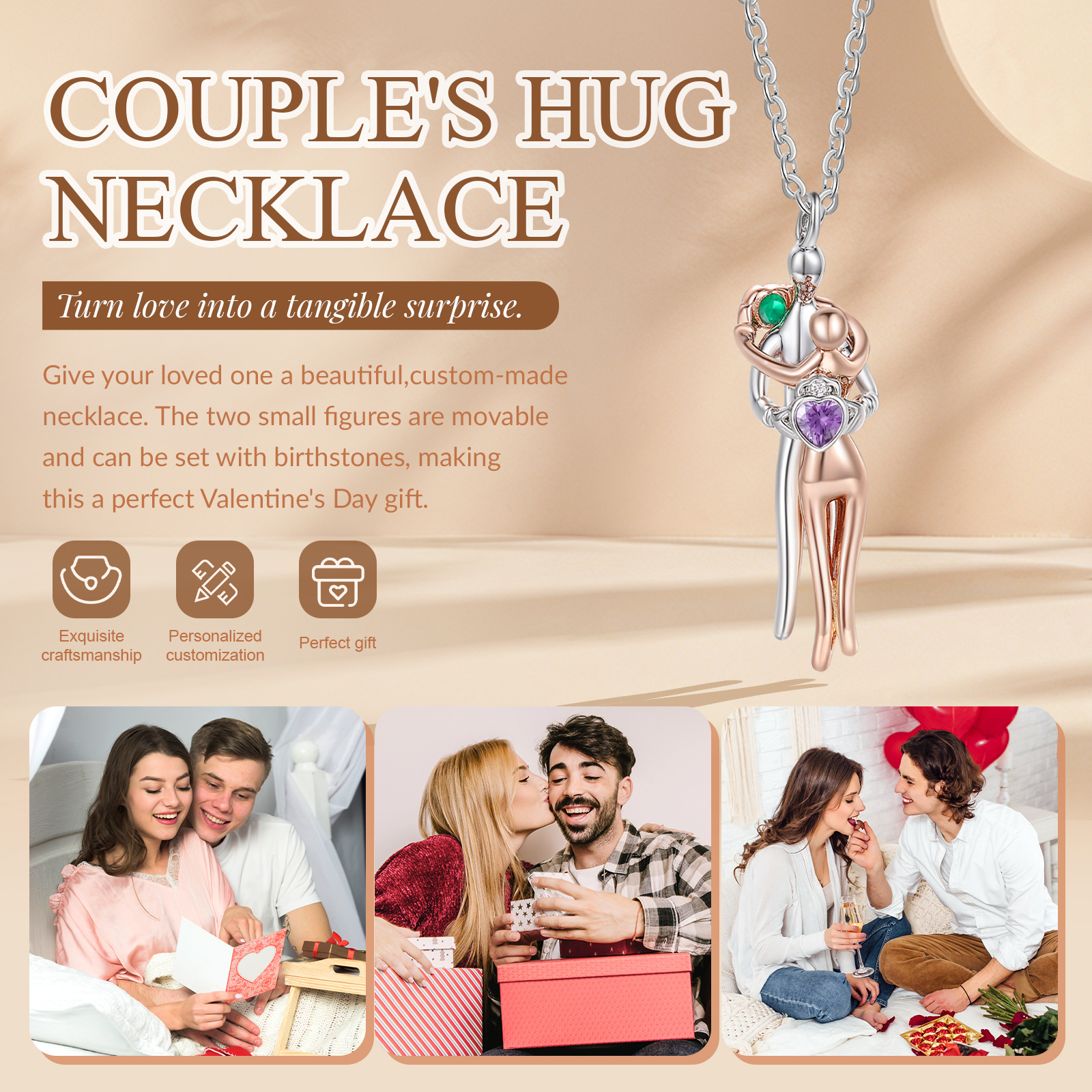 Collar de Pareja con Abrazo y Piedra de Nacimiento, colgante de corazón Bicolor para Mujer