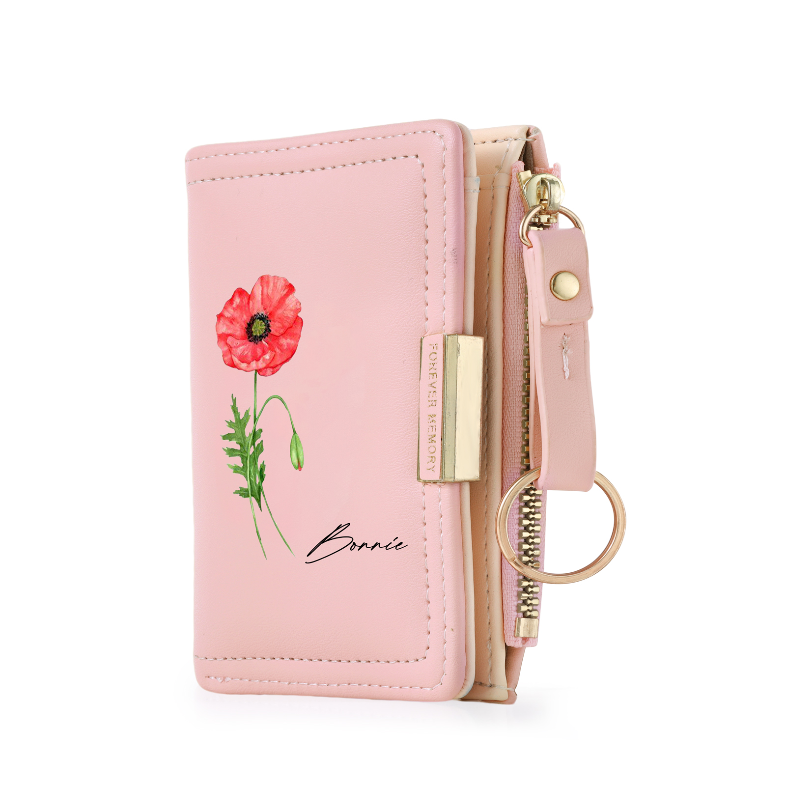 Cartera de cuero personalizada para mujer con nombre y flor de nacimiento