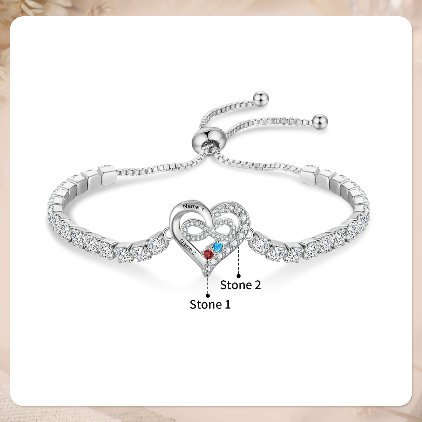Pulsera de tenis personalizada con corazón infinito, 2-4 Nombres y piedras de nacimiento personalizables, ajustable con circonitas cúbicas