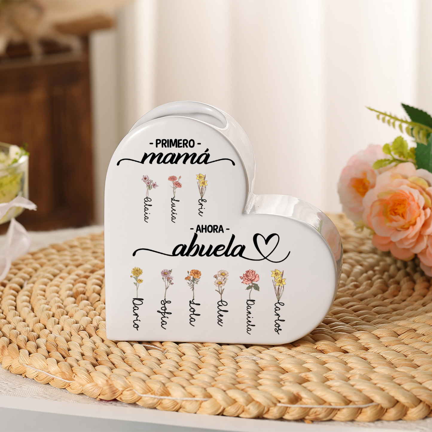 Jarrón de cerámica personalizado con forma de corazón con 2 a 12 flores del mes de nacimiento y nombre a elegir, antes mamá, ahora abuela, jarrón de cerámica, regalo para el Día de la Madre, cumpleaños y Navidad para mamá y abuela | Jessemade