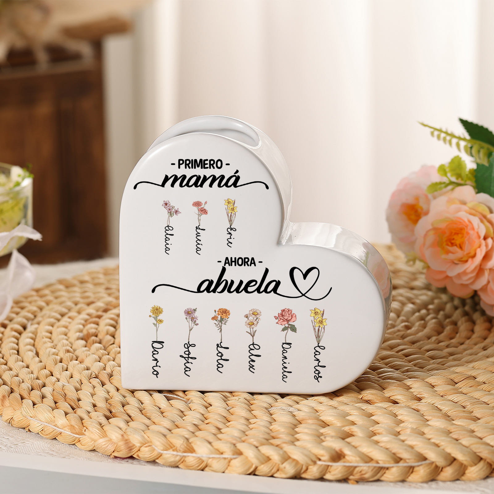 Jarrón de cerámica personalizado con forma de corazón con 2 a 12 flores del mes de nacimiento y nombre a elegir, antes mamá, ahora abuela, jarrón de cerámica, regalo para el Día de la Madre, cumpleaños y Navidad para mamá y abuela | Jessemade