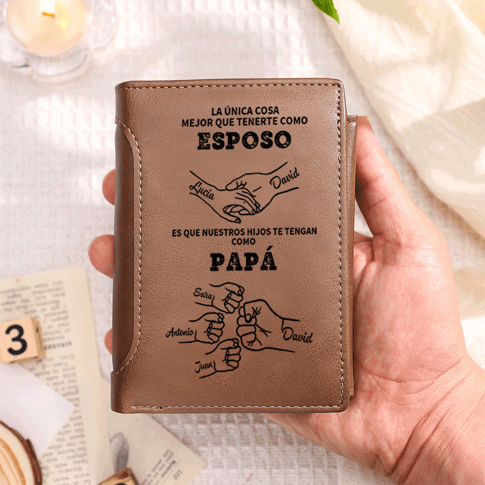 Cartera de cuero marrón personalizada para papá – Choque de puños