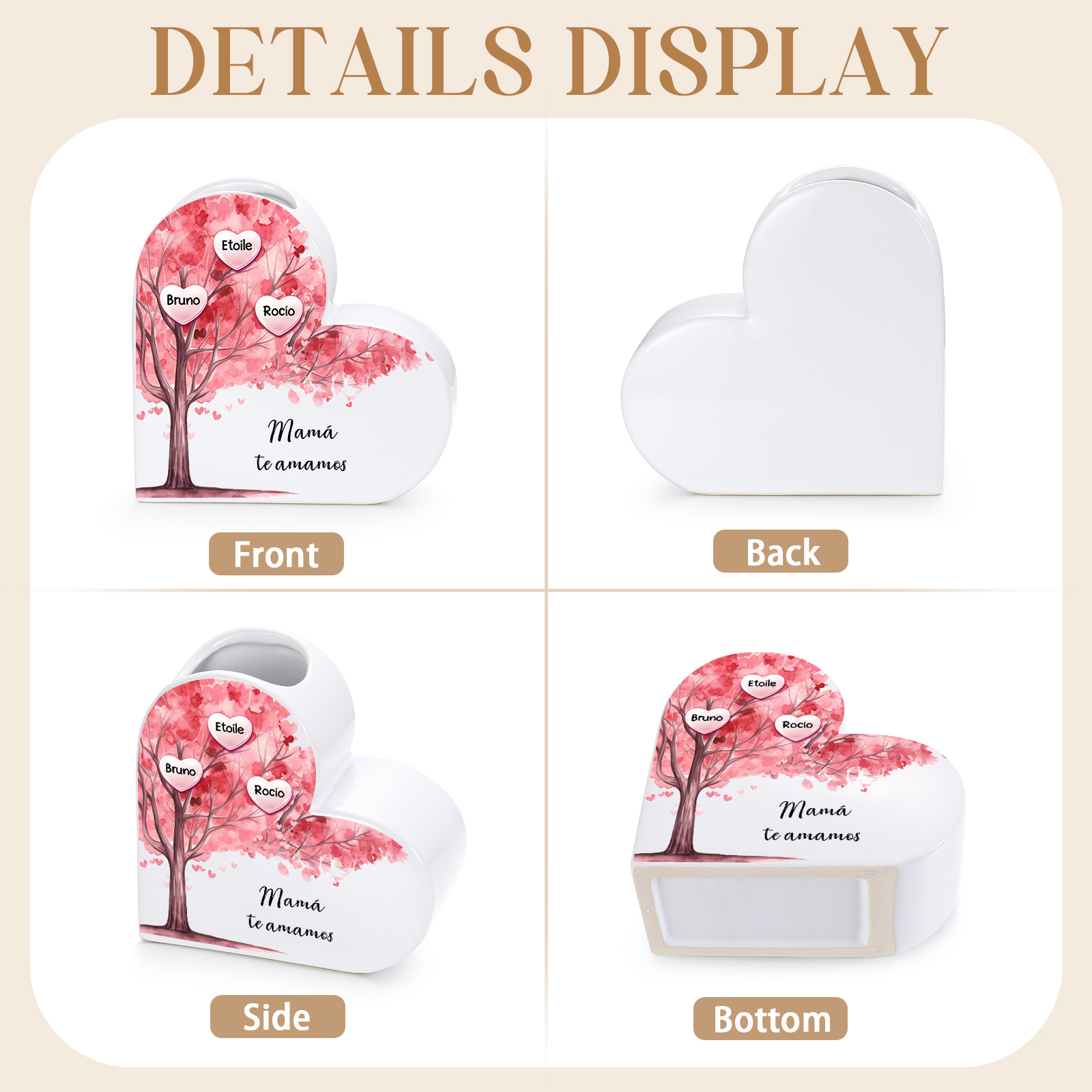 Jarrón de cerámica con forma de corazón personalizado con diseño de árbol genealógico, personalizable con 1 a 12 nombres de pila