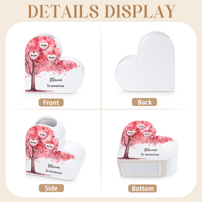 Jarrón de cerámica con forma de corazón personalizado con diseño de árbol genealógico, personalizable con 1 a 12 nombres de pila