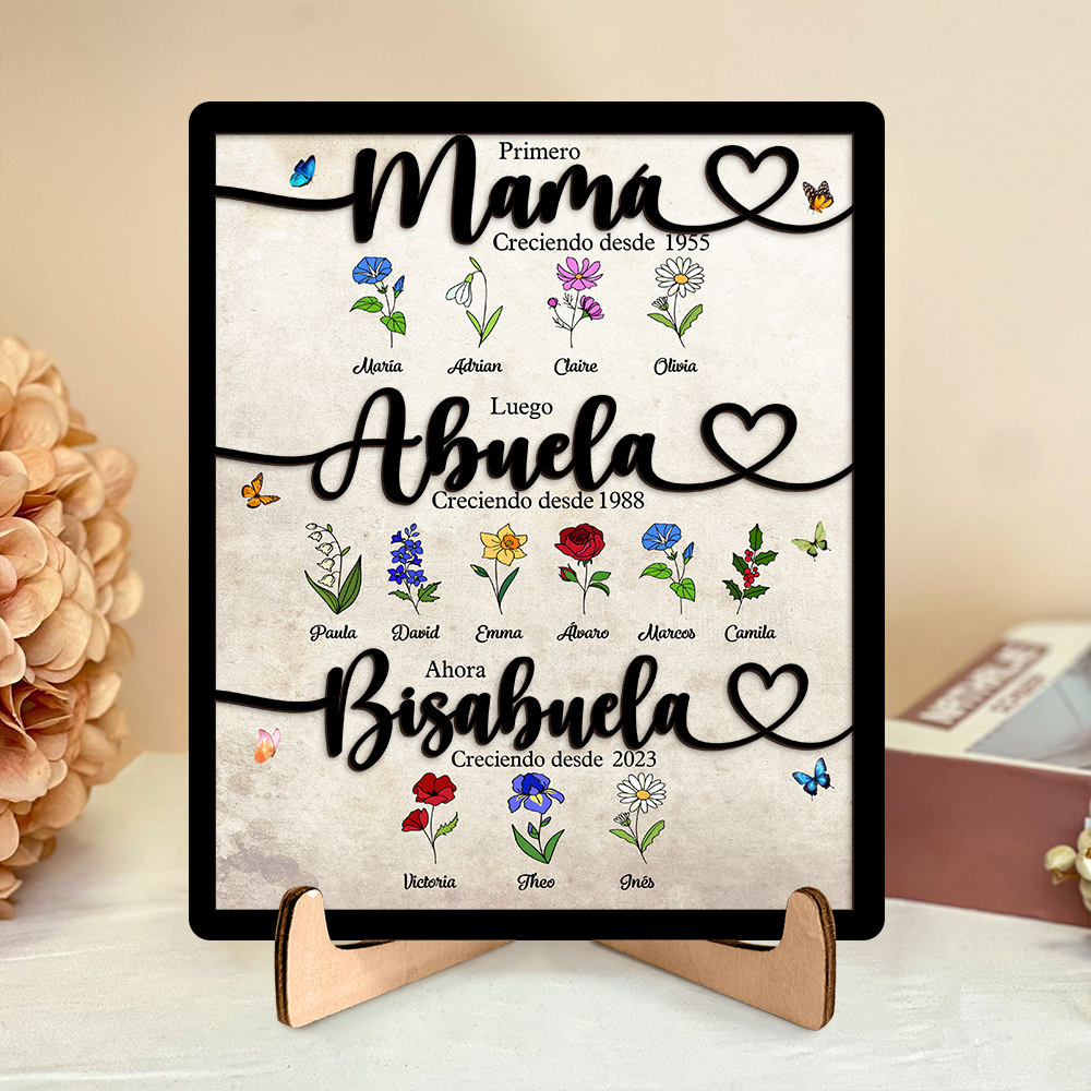 Marco familiar personalizado de madera «Primero mamá, luego abuela, ahora bisabuela» con motivo floral