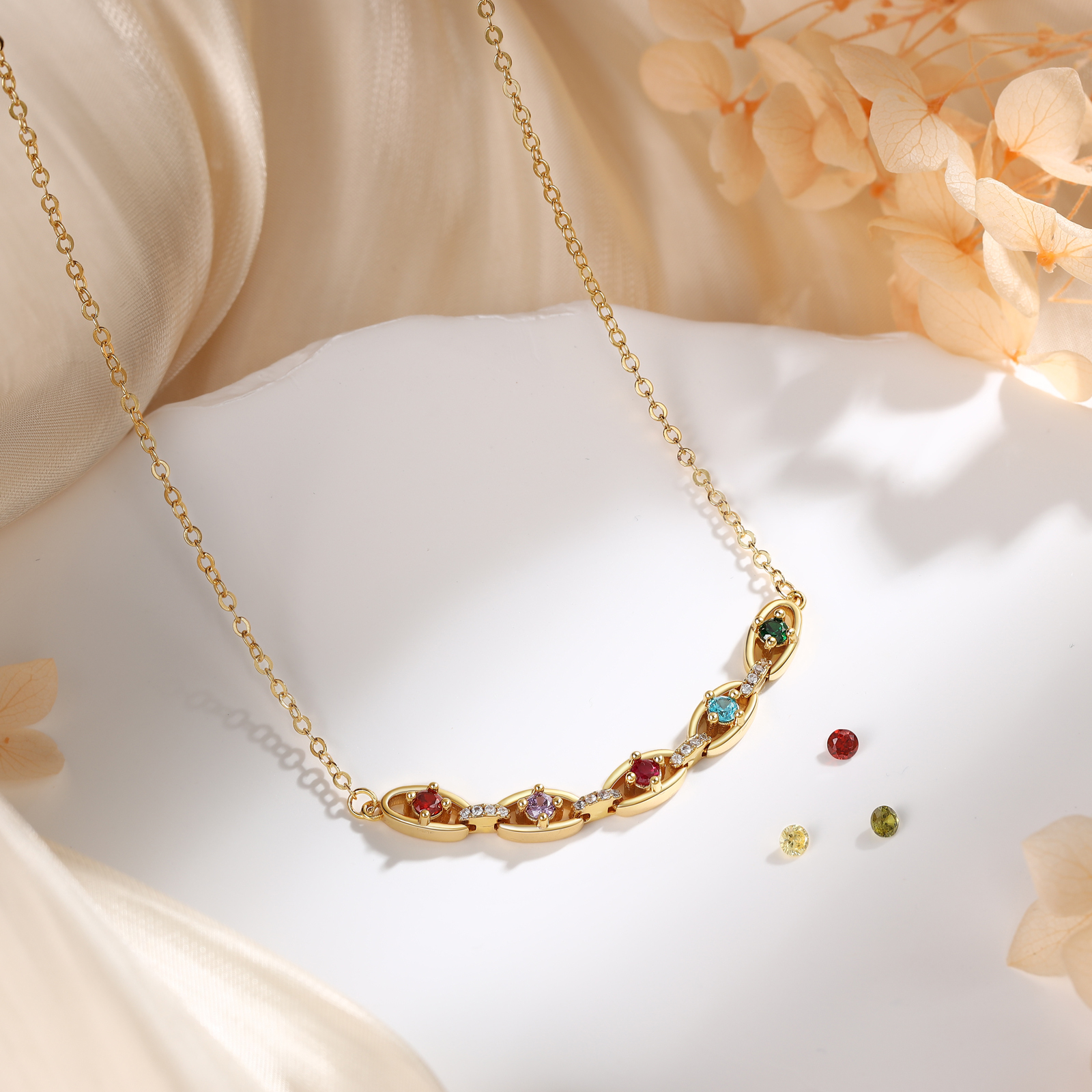Collar de cadena de oro con 2-5 piedras de nacimiento personalizadas para mujer