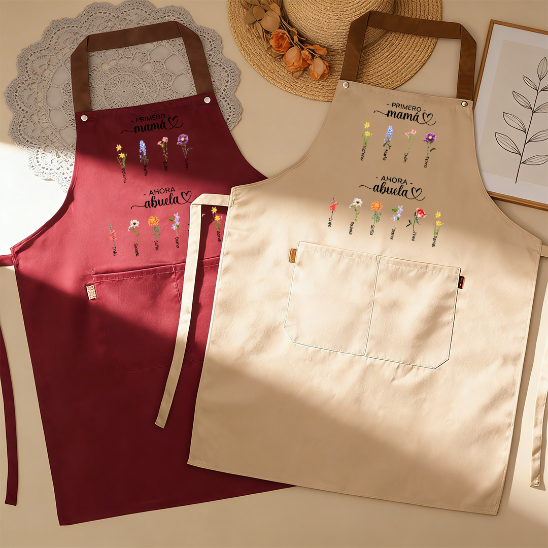 Delantal personalizado «Primero mamá, ahora abuela», personalizado con 2-16 nombres y flores de nacimiento