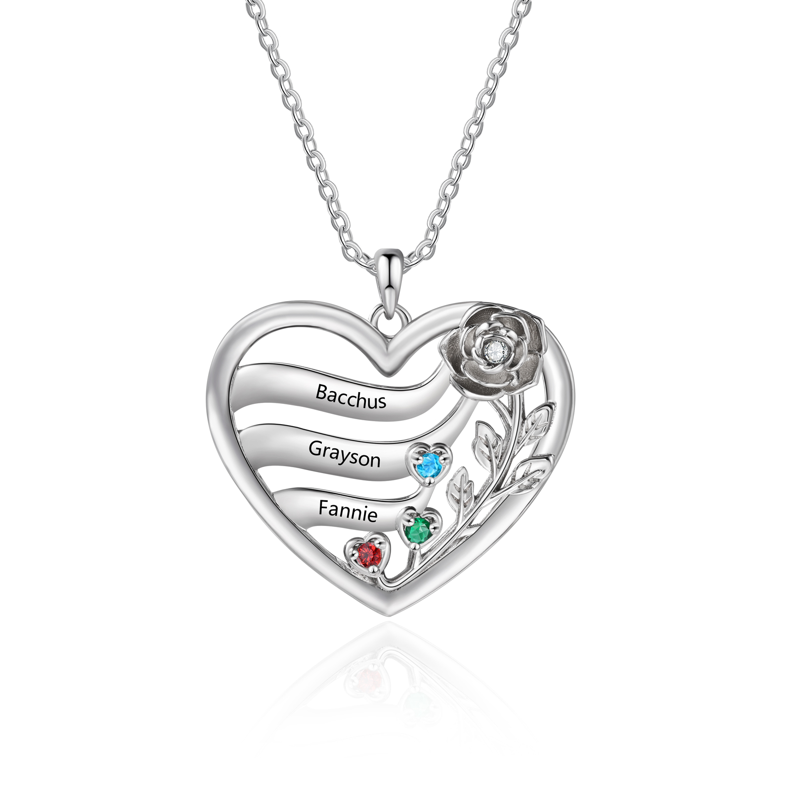 Collar personalizable con corazón de rosas y piedra de nacimiento con 2 a 5 nombres