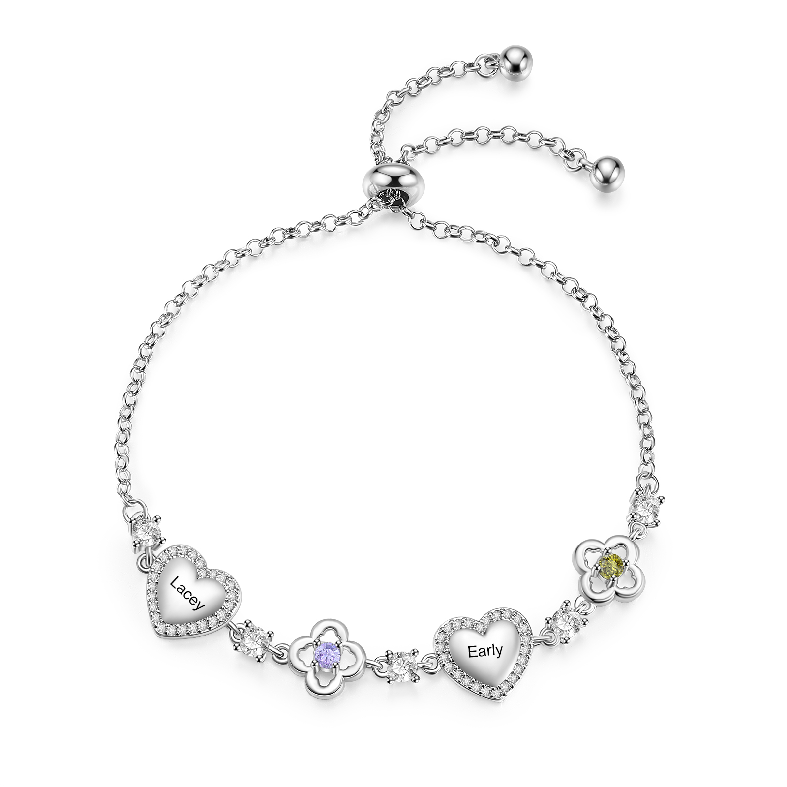 Pulsera personalizada de piedras de nacimiento con corazón y flores, personalizada con 2–5 nombres y piedras