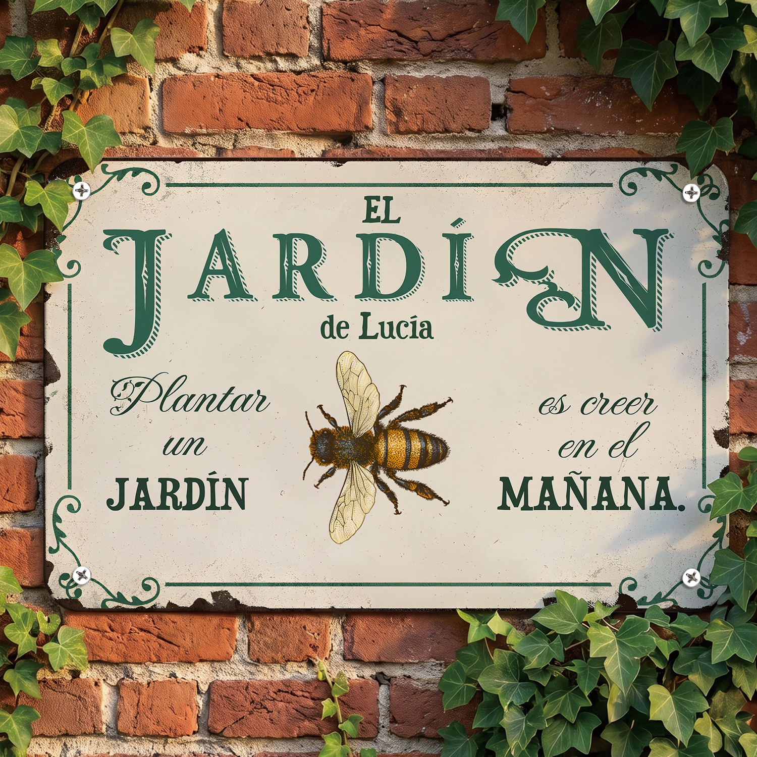 Letrero de jardín de metal personalizada con nombre y frase a elegir – decoración mural vintage