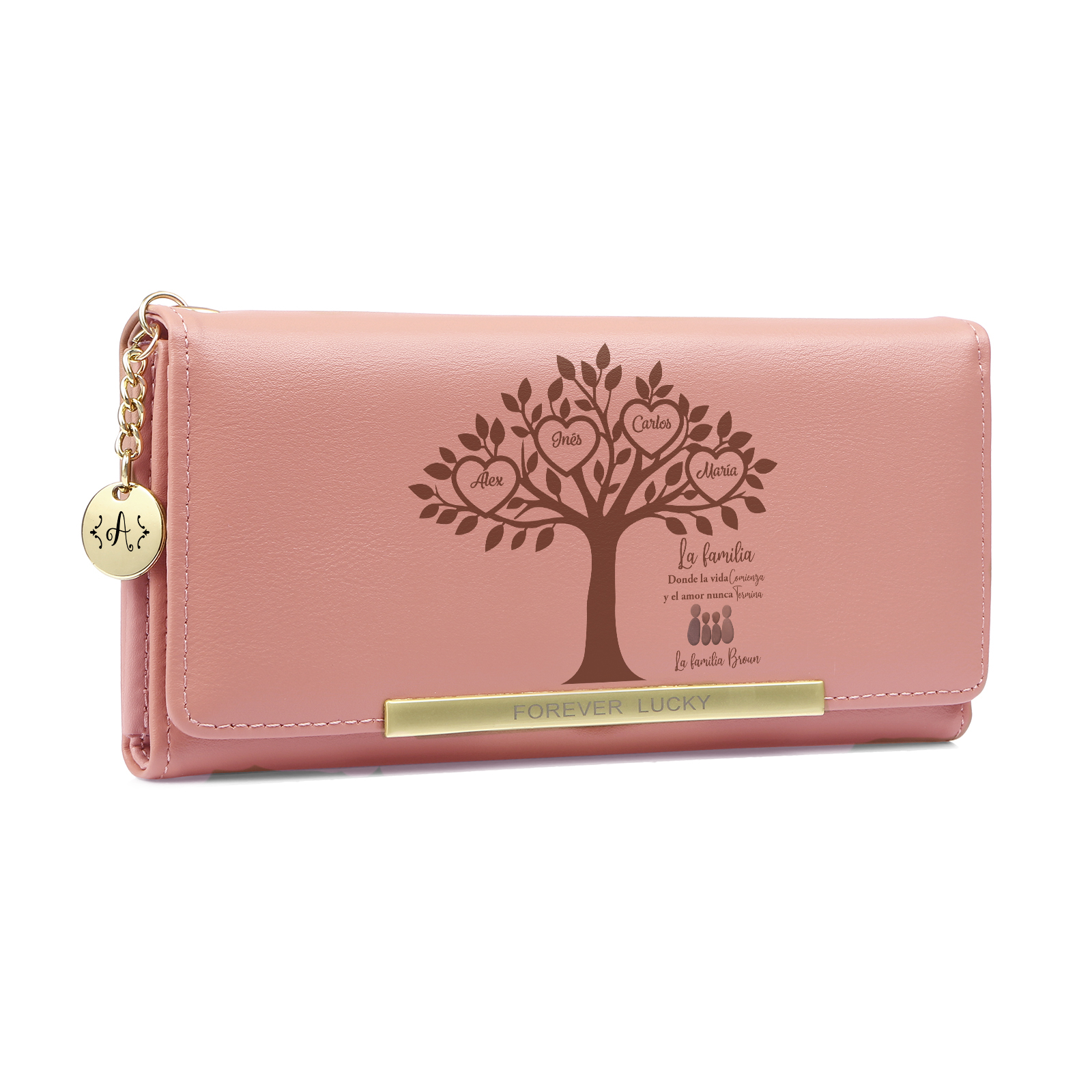 Cartera de piel rosa para mamá con árbol genealógico familiar de guijarros personalizable con 2 a 6 nombres