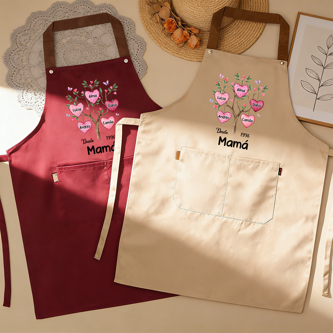Delantal personalizado con corazón y árbol genealógico familiar diseñado con 2–8 nombres de niños