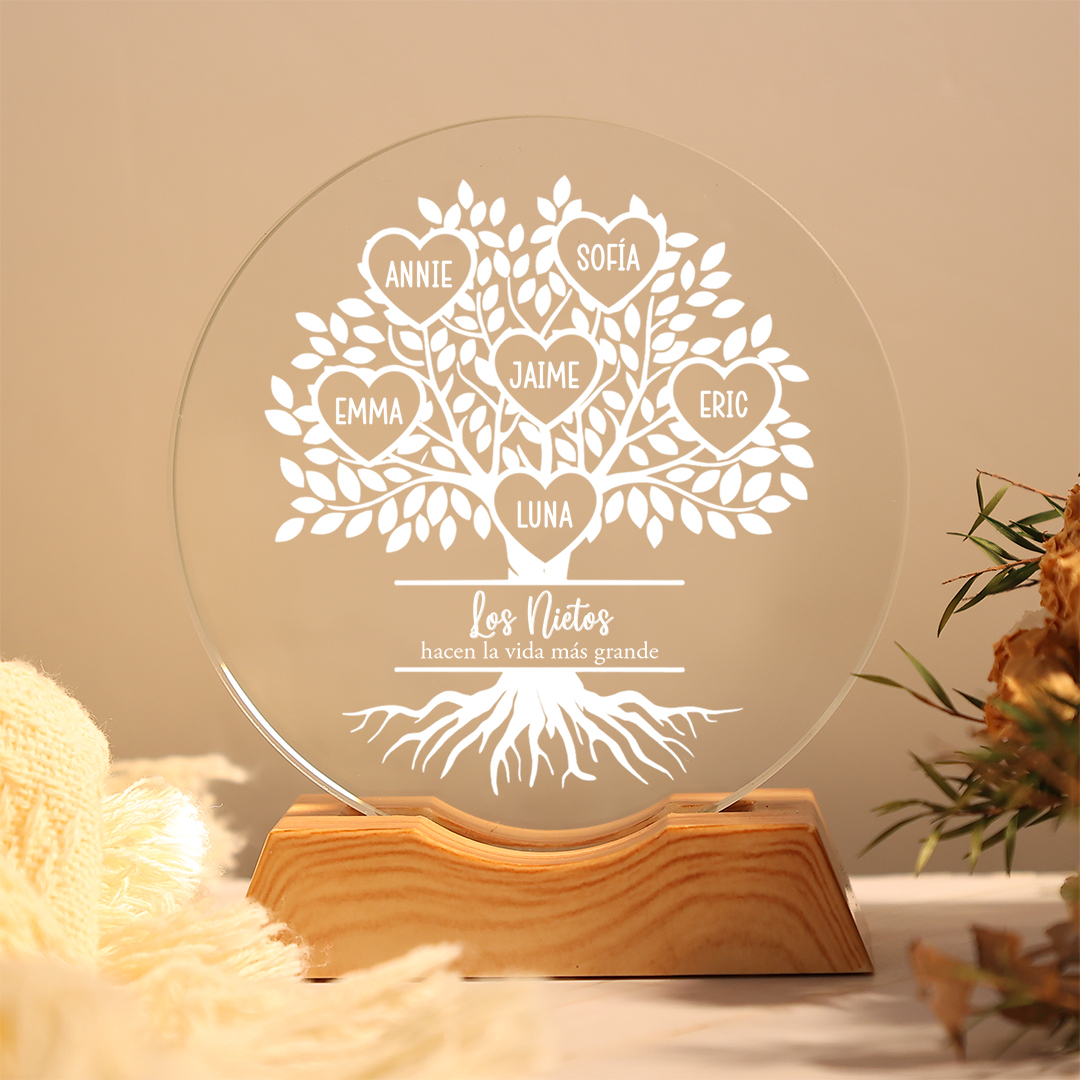 Luz nocturna LED de cristal personalizada con árbol genealógico, personalizable con 1 a 10 nombres
