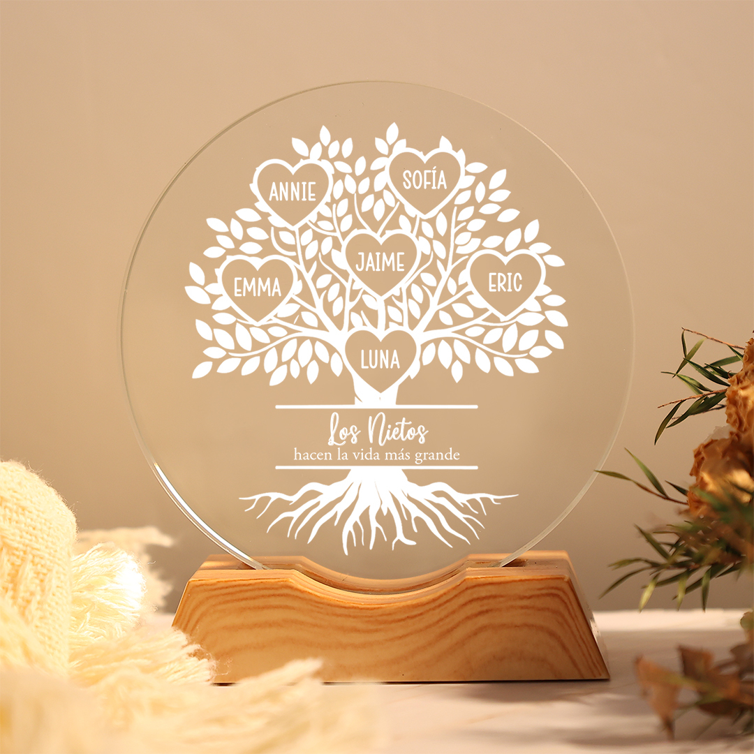 Luz nocturna LED de cristal personalizada con árbol genealógico, personalizable con 1 a 10 nombres