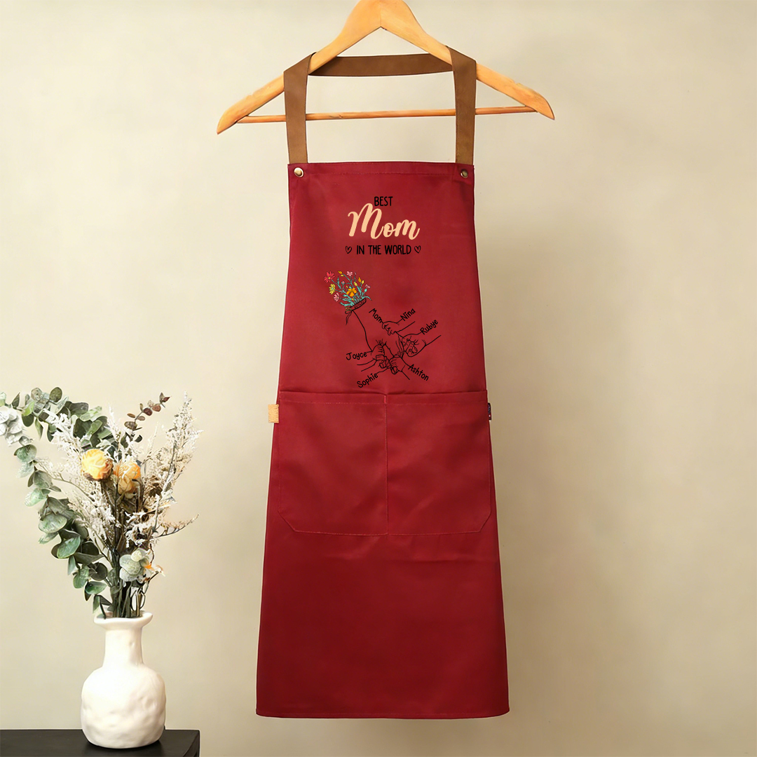 Delantal de cocina floral personalizado con manos entrelazadas, personalizado con 2–7 nombres, regalo para mamá o abuela