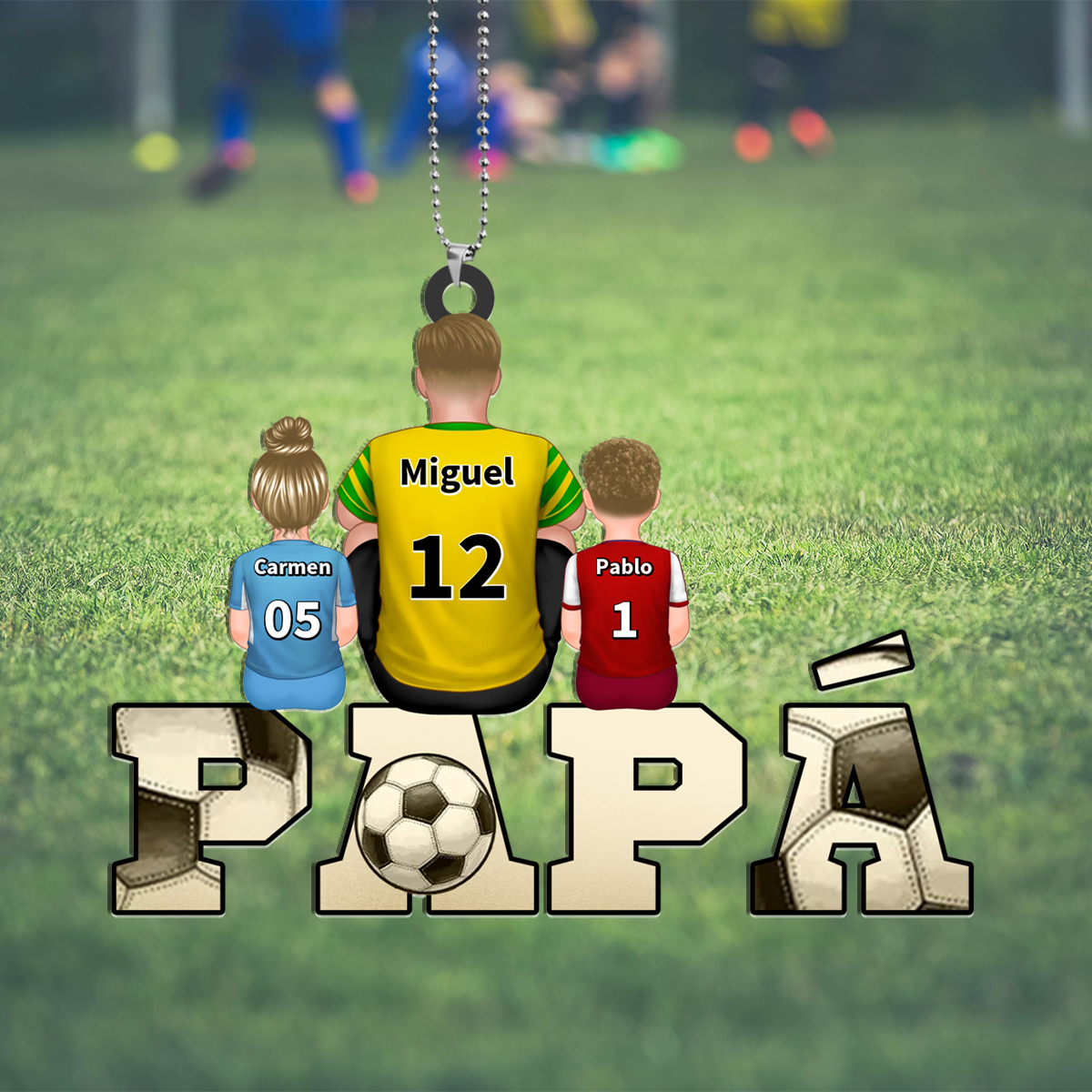 Llavero personalizado futbolero con nombres y dorsales de 1–4 hijos, adorno colgante para papá | Jessemade