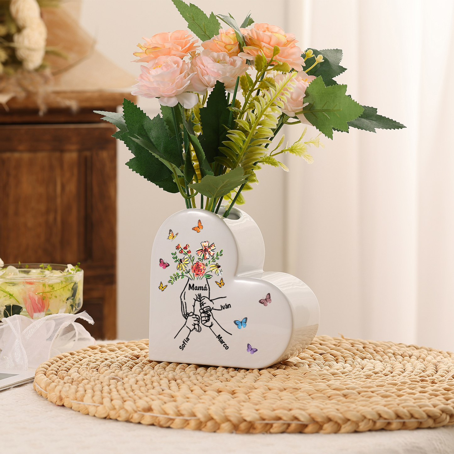 Jarrón corazón de cerámica personalizado (2–8 nombres), motivo «De la mano», regalo para mamá o abuela