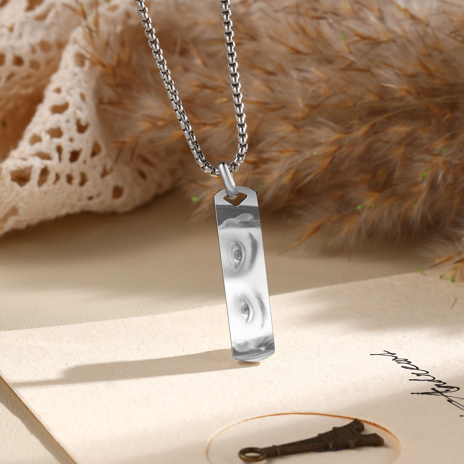 Collar de barra con foto personalizada, colgante de acero inoxidable